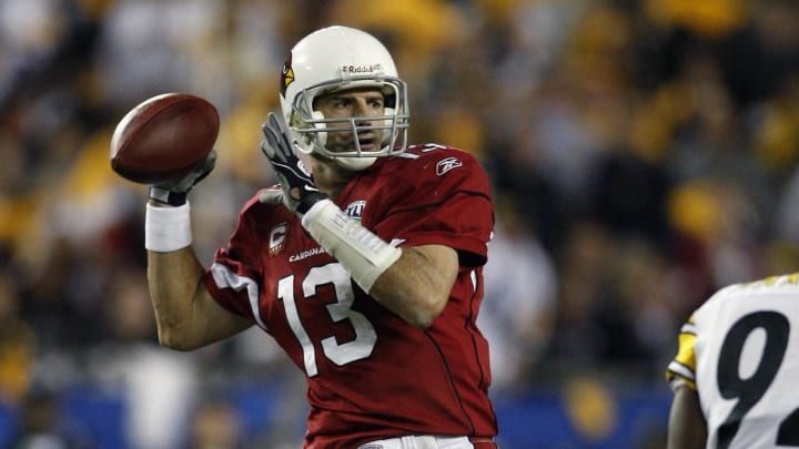 Feb 1, 2009; Tampa, FL, USA; Arizona Cardinals quarterback Kurt Warner (13) throws in the third quarter of Super Bowl XLIII against the Pittsburgh Steelers at Raymond James Stadium. Mandatory Credit: Matthew Emmons-USA TODAY Sports