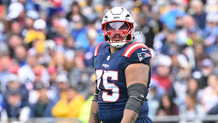 September 20, 2026; Foxborough, Massachusetts, USA; New England Patriots guard Alijah Vera-Tucker (75) looks on during the first half against the Pittsburgh Steelers at Gillette Stadium. Mandatory Credit: Eric Canha-Imagn Images