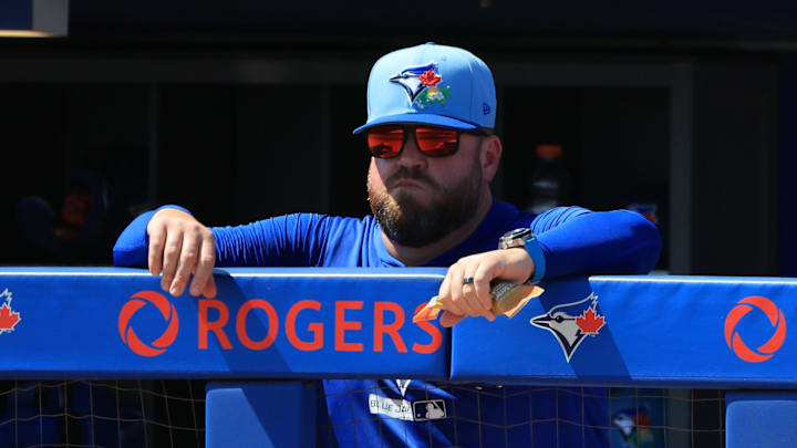 Mar 10, 2026; Dunedin, Florida, USA; Toronto Blue Jays manager John Schneider (14) during the second inning against the Atlanta Braves at TD Ballpark. Mandatory Credit: Kim Klement Neitzel-Imagn Images