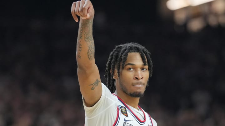 Apr 8, 2024; Glendale, AZ, USA; Connecticut Huskies guard Stephon Castle (5) reacts against the Purdue Boilermakers in the national championship game of the Final Four of the 2024 NCAA Tournament at State Farm Stadium. Mandatory Credit: Robert Deutsch-USA TODAY Sports Apr 8, 2024; Glendale, AZ, USA; Connecticut Huskies guard Stephon Castle (5) reacts against the Purdue Boilermakers in the national championship game of the Final Four of the 2024 NCAA Tournament at State Farm Stadium. Mandatory Credit: Robert Deutsch-USA TODAY Sports