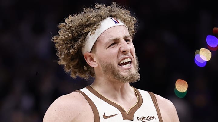 Feb 9, 2026; San Francisco, California, USA; Golden State Warriors guard Brandin Podziemski (2) celebrates after a win against the Memphis Grizzlies at Chase Center. Mandatory Credit: Kelley L Cox-Imagn Images