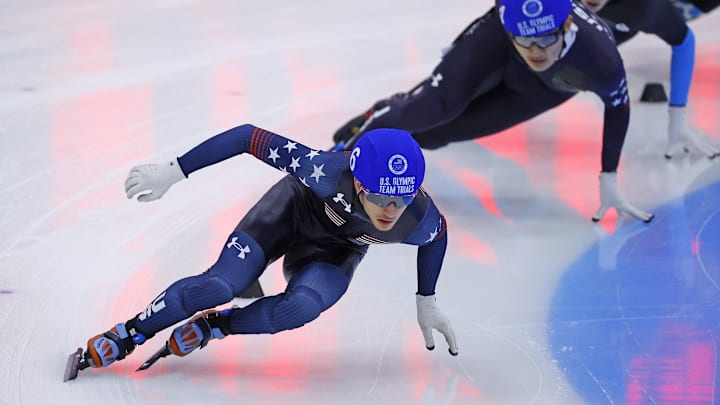 Clayton DeClemente (6), a Poughkeepsie native and 2017 graduate of Arlington High School in Freedom Plains, New York, competes in a short track speedskating event in 2021. DeClemente is set to represent Team USA in short track speedskating at the 2026 Winter Olympics.