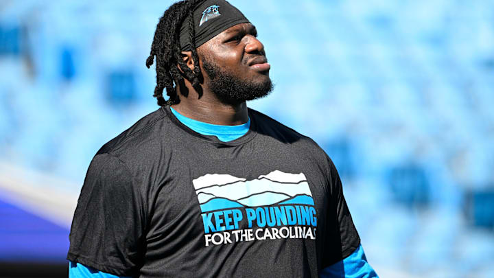 Oct 13, 2024; Charlotte, North Carolina, USA; Carolina Panthers offensive tackle Ikem Ekwonu (79) before the game at Bank of America Stadium. 
