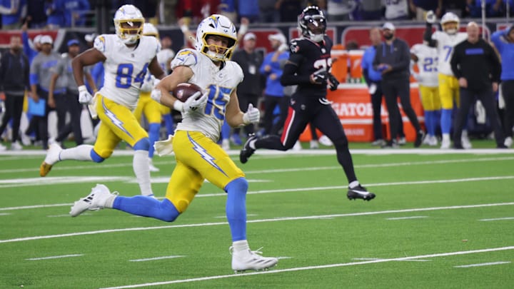 Los Angeles Chargers wide receiver Ladd McConkey scores on a pass in the fourth quarter against the Houston Texans.