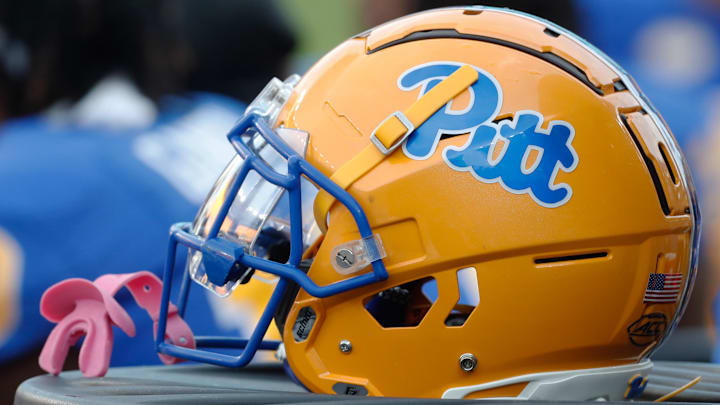 Sep 2, 2023; Pittsburgh, Pennsylvania, USA;  A Pittsburgh Panthers helmet on the sidelines against the Wofford Terriers during the fourth quarter at Acrisure Stadium. Mandatory Credit: Charles LeClaire-Imagn Images