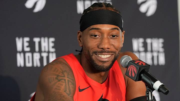 Sep 28, 2026; Toronto, ON, Canada;  Toronto Raptors forward Kawhi Leonard (2) talks to the media during Toronto Raptors-Media Day at Hotel-X.  Mandatory Credit: John E. Sokolowski-Imagn Images
