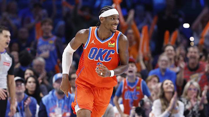 Nov 11, 2024; Oklahoma City, Oklahoma, USA; Oklahoma City Thunder guard Shai Gilgeous-Alexander (2) smiles after scoring against the Los Angeles Clippers during the fourth quarter at Paycom Center. Mandatory Credit: Alonzo Adams-Imagn Images