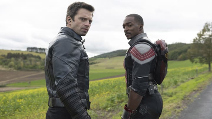 (L-R): Winter Soldier/Bucky Barnes (Sebastian Stan) and Falcon/Sam Wilson (Anthony Mackie) in Marvel Studios’ THE FALCON AND THE WINTER SOLDIER. Photo by Julie Vrabelova. ©Marvel Studios 2021. All Rights Reserved.