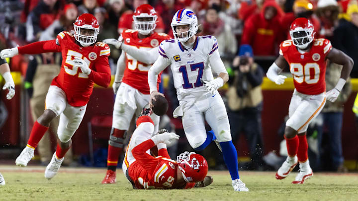Jan 26, 2025; Kansas City, MO, USA; Buffalo Bills quarterback Josh Allen (17) runs the ball against the Chiefs during the AFC Championship Game.