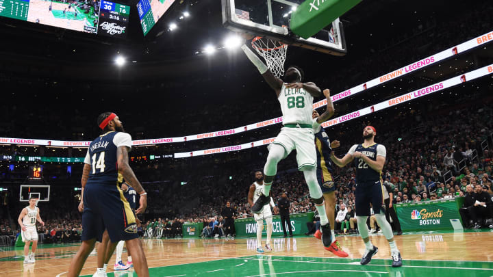 Jan 29, 2024; Boston, Massachusetts, USA; Boston Celtics center Neemias Queta (88) lays the ball in vs. the New Orleans Pelicans. Jan 29, 2024; Boston, Massachusetts, USA; Boston Celtics center Neemias Queta (88) lays the ball in vs. the New Orleans Pelicans.