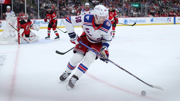 Mar 7, 2026; Newark, New Jersey, USA; New York Rangers left wing Will Cuylle (50) skates with the puck against the New Jersey Devils during the third period at Prudential Center. Mandatory Credit: Thomas Salus-Imagn Images Mar 7, 2026; Newark, New Jersey, USA; New York Rangers left wing Will Cuylle (50) skates with the puck against the New Jersey Devils during the third period at Prudential Center. Mandatory Credit: Thomas Salus-Imagn Images