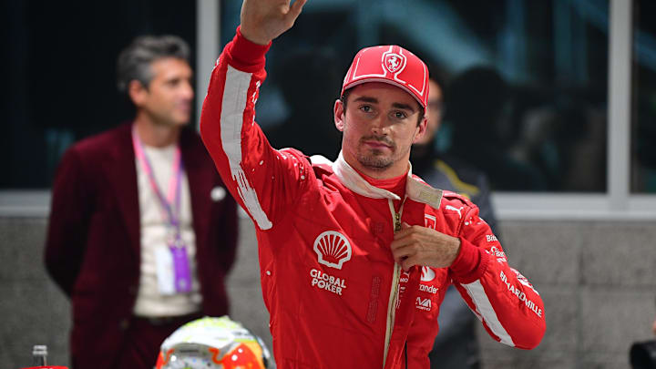 Nov 17, 2023; Las Vegas, Nevada, USA; Scuderia Ferrari driver Charles Leclerc of Monaco (16) celebrates after securing pole position during qualifying at Las Vegas Strip Circuit. Mandatory Credit: Gary A. Vasquez-USA TODAY Sports