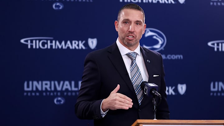 Dec 8, 2025; University Park, PA, USA; Matt Campbell is announced as the Penn State Nittany Lions new head coach during a press conference at the Beaver Stadium Press Room. Mandatory Credit: Matthew O'Haren-Imagn Images