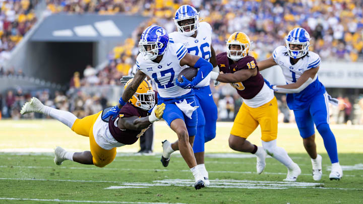Nov 23, 2024; Tempe, Arizona, USA; Brigham Young Cougars wide receiver Keelan Marion (17) against the Arizona State Sun Devils at Mountain America Stadium. Mandatory Credit: Mark J. Rebilas-Imagn Images
