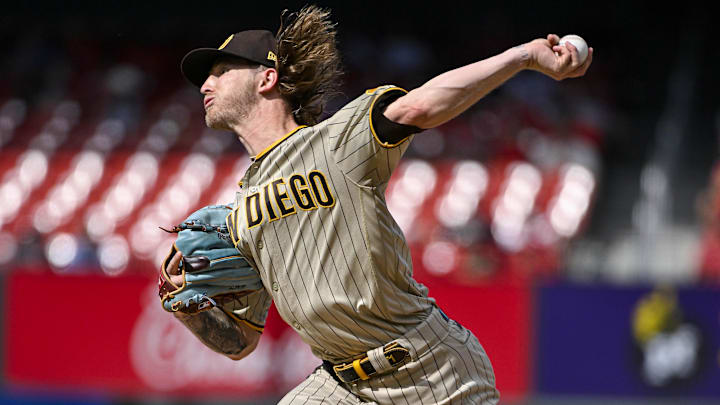 Aug 30, 2023; St. Louis, Missouri, USA;  San Diego Padres relief pitcher Josh Hader (71) pitches