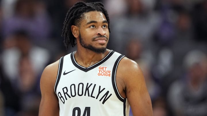 Nov 24, 2024; Sacramento, California, USA; Brooklyn Nets guard Cam Thomas (24) during the first quarter against the Sacramento Kings at Golden 1 Center. Mandatory Credit: Darren Yamashita-Imagn Images