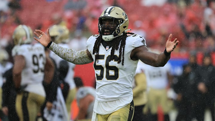 Dec 7, 2025; Tampa, Florida, USA; New Orleans Saints linebacker Demario Davis (56) reacts after a tackle during the second quarter against the Tampa Bay Buccaneers at Raymond James Stadium. Mandatory Credit: Kim Klement Neitzel-Imagn Images