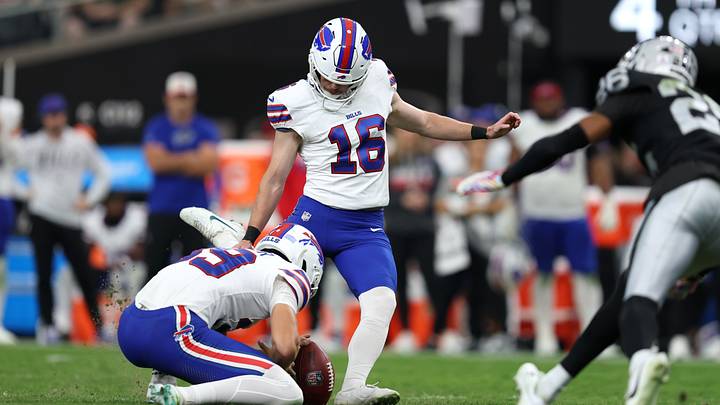 Oct 18, 2026; Paradise, Nevada, USA; Buffalo Bills kicker Tyler Bass (16) kicks a field goal in the fourth quarter against the Las Vegas Raiders aat Allegiant Stadium. Oct 18, 2026; Paradise, Nevada, USA; Buffalo Bills kicker Tyler Bass (16) kicks a field goal in the fourth quarter against the Las Vegas Raiders aat Allegiant Stadium.