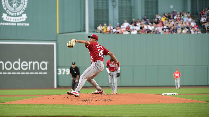 Boston, Massachusetts, USA; Cincinnati Reds starting pitcher Chase Burns (26) pitches during the first inning against the Boston Red Sox at Fenway Park.