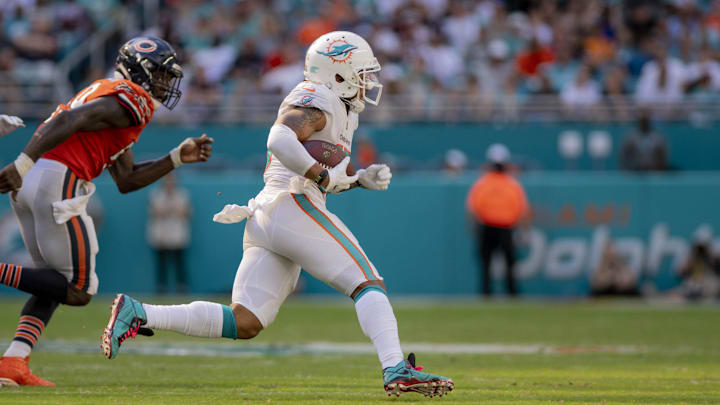Miami Dolphins wide receiver Albert Wilson (15) runs the ball in for a touchdown during the fourth quarter against the Chicago Bears at Hard Rock Stadium.