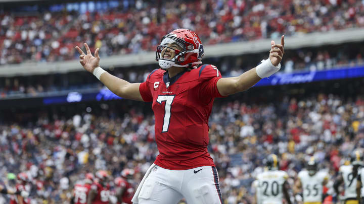 Oct 1, 2023; Houston, Texas, USA; Houston Texans quarterback C.J. Stroud (7) celebrates after a touchdown during the fourth quarter against the Pittsburgh Steelers at NRG Stadium. Oct 1, 2023; Houston, Texas, USA; Houston Texans quarterback C.J. Stroud (7) celebrates after a touchdown during the fourth quarter against the Pittsburgh Steelers at NRG Stadium.