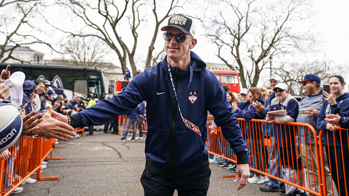 Apr 13, 2024; Hartford, CT, USA; UConn Huskies head coach Dan Hurley is greeted by fans as he and his team arrive at the State Capitol before teams NCAA Mens Basketball Championship victory parade. Mandatory Credit: David Butler II-USA TODAY Sports