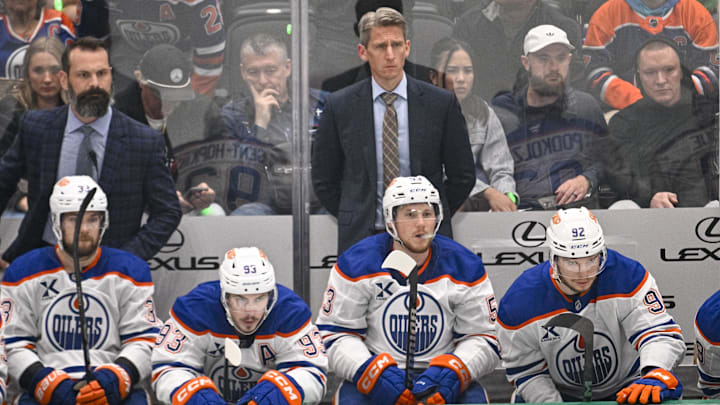 May 29, 2025; Dallas, Texas, USA; Edmonton Oilers head coach Kris Knoblauch during the game between the Dallas Stars and the Edmonton Oilers in game five of the Western Conference Final of the 2025 Stanley Cup Playoffs at American Airlines Center. Mandatory Credit: Jerome Miron-Imagn Images