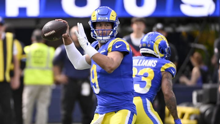 Oct 20, 2024; Inglewood, California, USA; Los Angeles Rams quarterback Matthew Stafford (9) throws a pass during the first half against the Las Vegas Raiders at SoFi Stadium. Mandatory Credit: Alex Gallardo-Imagn Images