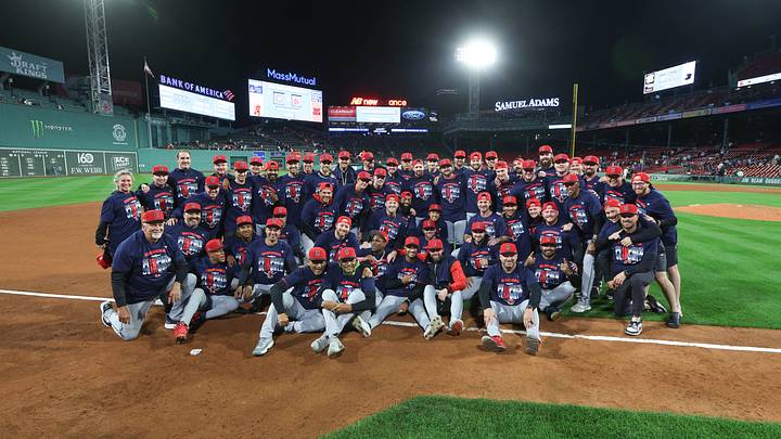 Sep 24, 2026; Boston, Massachusetts, USA; Cleveland Guardians celebrate after clinching a playoff berth at Fenway Park after a game against the Boston Red Sox. Mandatory Credit: Paul Rutherford-Imagn Images