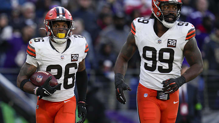 Nov 12, 2023; Baltimore, Maryland, USA;  Cleveland Browns safety Rodney McLeod (26) celebrates a
