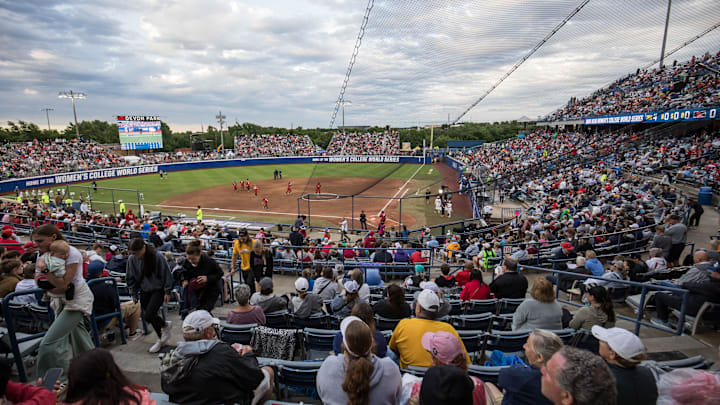 May 29, 2025; Oklahoma City, OK, USA;  Fans enjoy the game between the Ole Miss Rebels and the Texas Tech Red Raiders during the NCAA Softball Women's College World Series at Devon Park. Mandatory Credit: Brett Rojo-Imagn Images