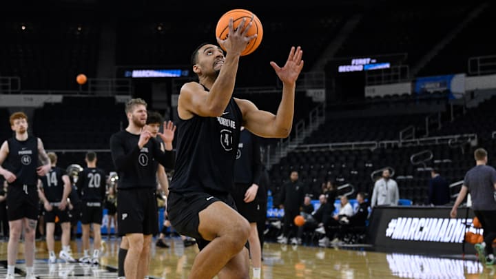 Purdue Boilermakers forward Trey Kaufman-Renn (4) practices at Amica Mutual Pavilion. 