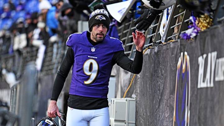 Jan 4, 2025; Baltimore, Maryland, USA; Baltimore Ravens place kicker Justin Tucker (9) arrives before the game against the Cleveland Browns at M&T Bank Stadium. Mandatory Credit: Tommy Gilligan-Imagn Images