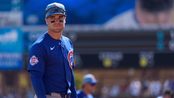 Feb 28, 2026; Phoenix, Arizona, USA; Chicago Cubs infielder Matt Shaw (6) reacts during the second inning of a spring training game against the Los Angeles Dodgers at Camelback Ranch-Glendale. Mandatory Credit: Allan Henry-Imagn Images