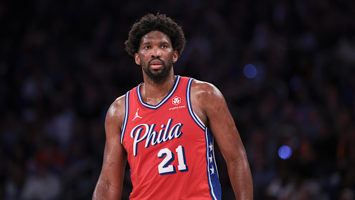 Apr 22, 2024; New York, New York, USA; Philadelphia 76ers center Joel Embiid (21) look up court in Game 2 against the Knicks. 