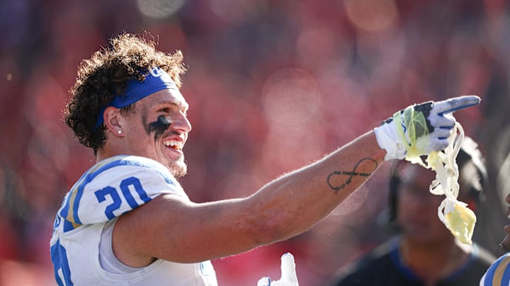 Oct 19, 2024; Piscataway, New Jersey, USA; UCLA Bruins linebacker Kain Medrano (20) celebrates during the second half against the Rutgers Scarlet Knights at SHI Stadium. Mandatory Credit: Vincent Carchietta-Imagn Images Oct 19, 2024; Piscataway, New Jersey, USA; UCLA Bruins linebacker Kain Medrano (20) celebrates during the second half against the Rutgers Scarlet Knights at SHI Stadium. Mandatory Credit: Vincent Carchietta-Imagn Images