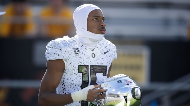 Nov 18, 2023; Tempe, Arizona, USA; Oregon Ducks wide receiver Tez Johnson (15) against the Arizona State Sun Devils at Mountain America Stadium. Mandatory Credit: Mark J. Rebilas-Imagn Images