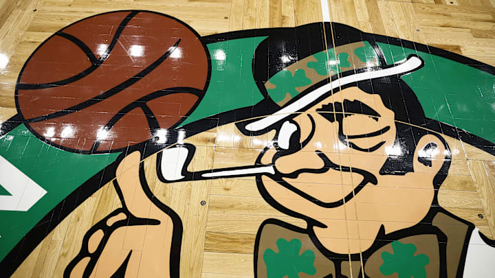 Mar 5, 2025; Boston, Massachusetts, USA: The Boston Celtics logo is seen on the court before the game between the Boston Celtics and the Portland Trail Blazers at TD Garden. Mandatory Credit: Winslow Townson-Imagn Images