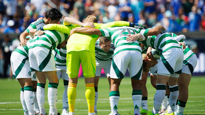 Celtic FC huddles up before a friendly match against Chelsea FC at Notre Dame Stadium on Saturday, July 27, 2024, in South Bend.