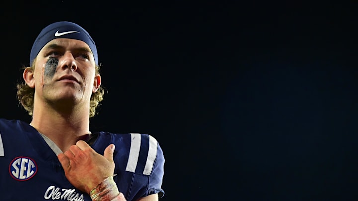 Nov 29, 2024; Oxford, Mississippi, USA; Mississippi Rebels quarterback Jaxson Dart (2) reacts after the game against the Mississippi State Bulldogs at Vaught-Hemingway Stadium. Mandatory Credit: Matt Bush-Imagn Images
