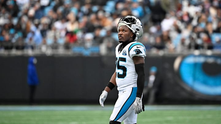 Dec 15, 2024; Charlotte, North Carolina, USA; Carolina Panthers safety Xavier Woods (25) on the field in the fourth quarter at Bank of America Stadium. Mandatory Credit: Bob Donnan-Imagn Images Dec 15, 2024; Charlotte, North Carolina, USA; Carolina Panthers safety Xavier Woods (25) on the field in the fourth quarter at Bank of America Stadium. Mandatory Credit: Bob Donnan-Imagn Images