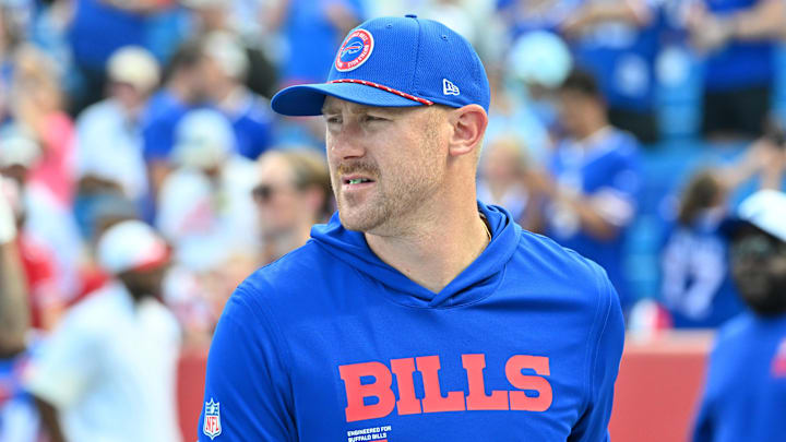Aug 9, 2025; Orchard Park, New York, USA; Buffalo Bills offensive coordinator Joe Brady on the field before a game against the New York Giants at Highmark Stadium. Mandatory Credit: Mark Konezny-Imagn Images