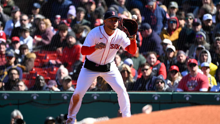 Apr 8, 2026; Boston, Massachusetts, USA; Boston Red Sox first baseman Willson Contreras (40) makes a catch for an out against the Milwaukee Brewers during the fourth inning at Fenway Park. Mandatory Credit: Eric Canha-Imagn Images