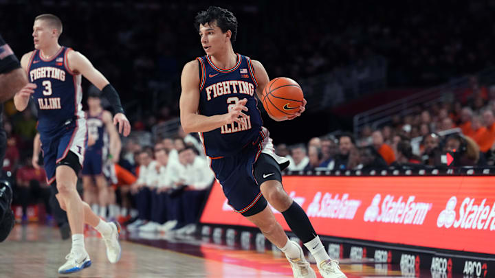 Feb 18, 2026; Los Angeles, California, USA; Illinois Fighting Illini guard Andrej Stojakovic (2) dribbles the ball against the Southern California Trojans in the first half at Galen Center. Mandatory Credit: Kirby Lee-Imagn Images