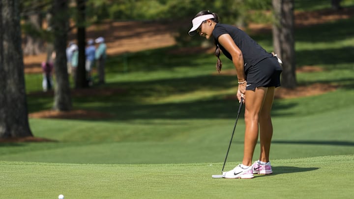 Apr 5, 2025; Augusta, Georgia, USA; Kiara Romero putts on the seventh hole during the final round of the Augusta National Women's Amateur golf tournament at Augusta National Golf Club. Mandatory Credit: Michael Madrid-Imagn Images