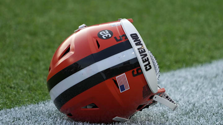 Aug 3, 2023; Canton, Ohio, USA; The Cleveland Browns helmet of defensive tackle Michael Dwumfour (65) on the field at Tom Benson Hall of Fame Stadium. Mandatory Credit: Kirby Lee-Imagn Images Aug 3, 2023; Canton, Ohio, USA; The Cleveland Browns helmet of defensive tackle Michael Dwumfour (65) on the field at Tom Benson Hall of Fame Stadium. Mandatory Credit: Kirby Lee-Imagn Images