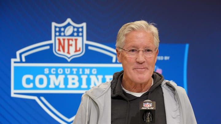 Feb 25, 2025; Indianapolis, IN, USA; Las Vegas Raiders coach Pete Carroll speaks during the NFL Scouting Combine at the Indiana Convention Center. Mandatory Credit: Kirby Lee-Imagn Images