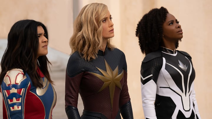 (L-R): Iman Vellani as Ms. Marvel/Kamala Khan, Brie Larson as Captain Marvel/Carol Danvers, and Teyonah Parris as Captain Monica Rambeau in Marvel Studios' THE MARVELS. Photo by Laura Radford. © 2023 MARVEL.