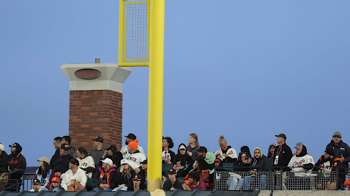 Jul 8, 2025; San Francisco, California, USA; A drone flies by the foul pole during the sixth inning between the San Francisco Giants and Philadelphia Phillies at Oracle Park. Mandatory Credit: Kelley L Cox-Imagn Images