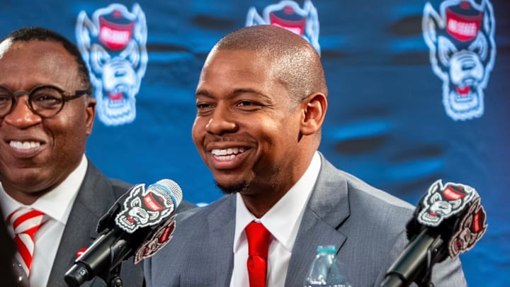 NC State men's basketball coach Justin Gainey speaks during his introductory press conference on April 1, 2026.